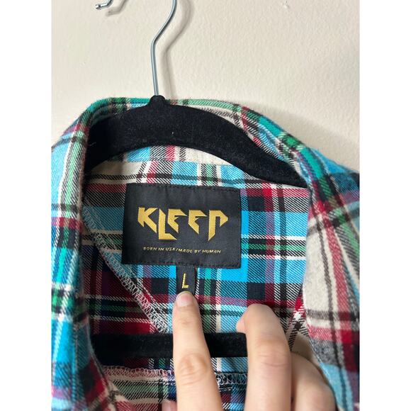 Men’s Large Kleep Gallant Premium Flannel Button Down Shirt Mixed Plaid Patches - Picture 3 of 8